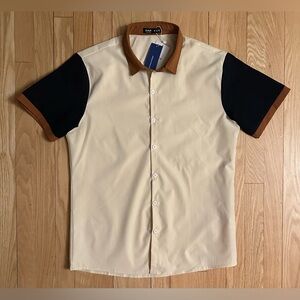 Romwe NWT Men’s Beige Black Brown Colorblock Short-Sleeved Button Shirt, Medium